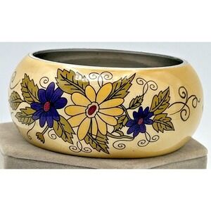 Vtg Bangle Cuff Bracelet Hand Painted Floral Design Wide Silver Tone‎ Core  2.5